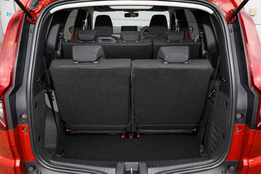 A closeup of the inside of a Red Dacia Jogger's boots showing all 7-seats