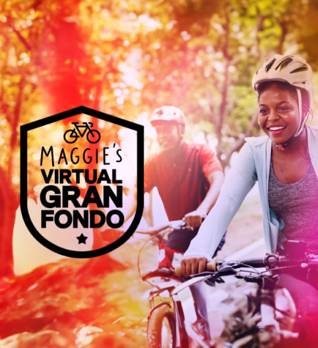 Maggie's Virtual Gran Fondo logo - and models riding bicycle